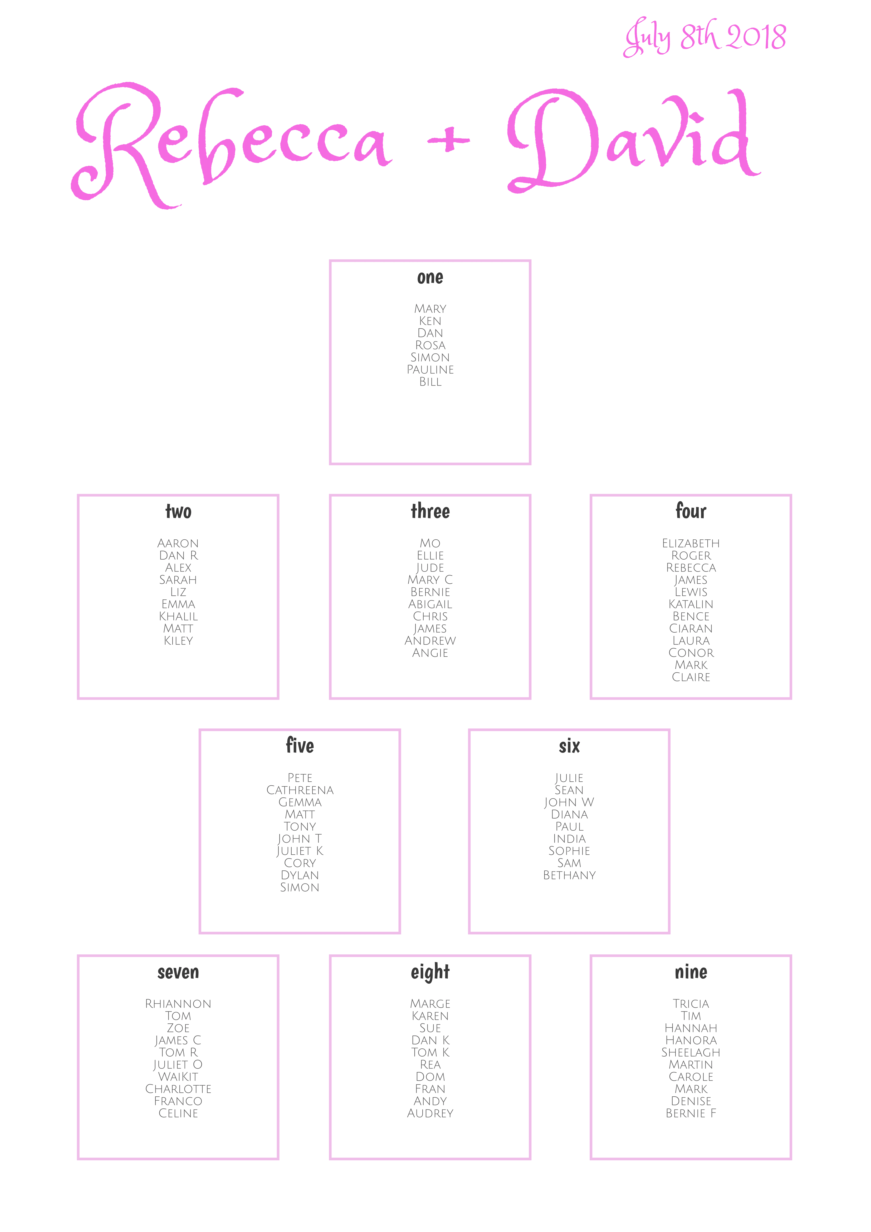 A2 table plan pink and white